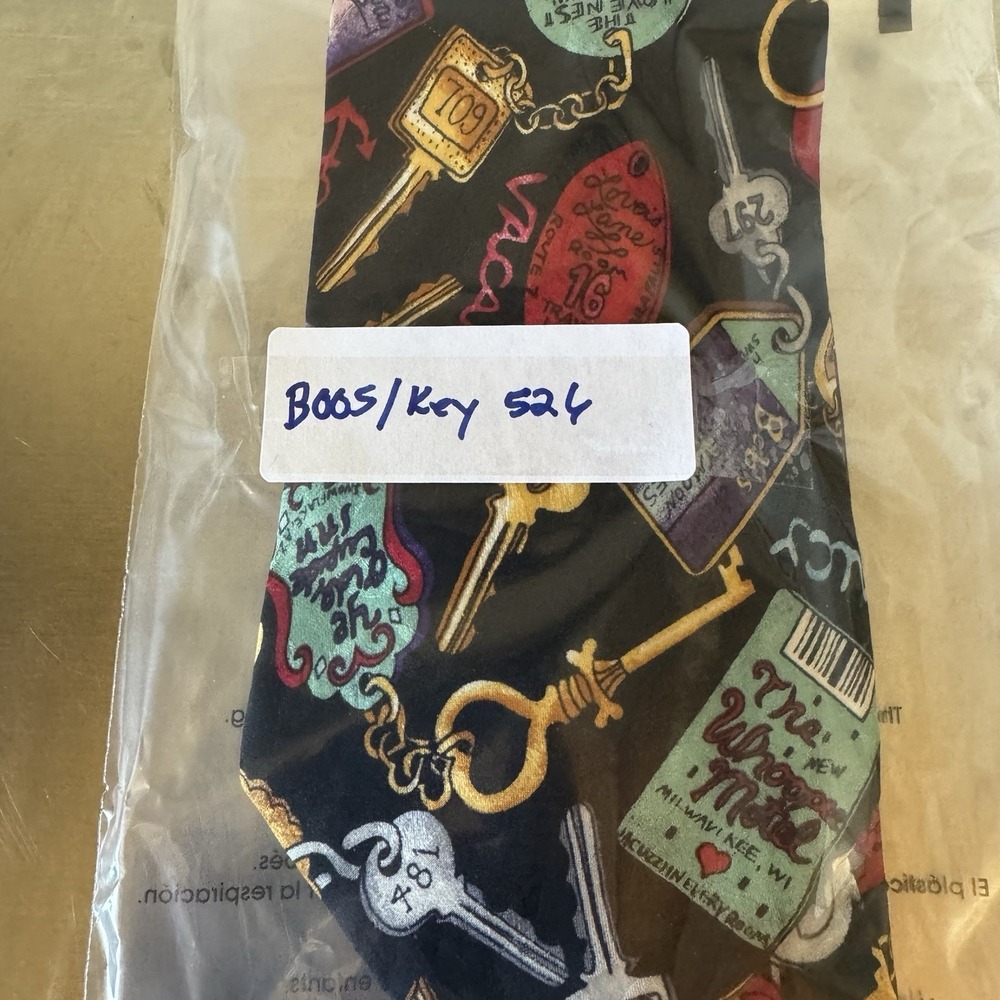 VTG Nicole Miller Motel Key Print Silk Necktie Novelty Tie Black 1993 - Picture 9 of 9